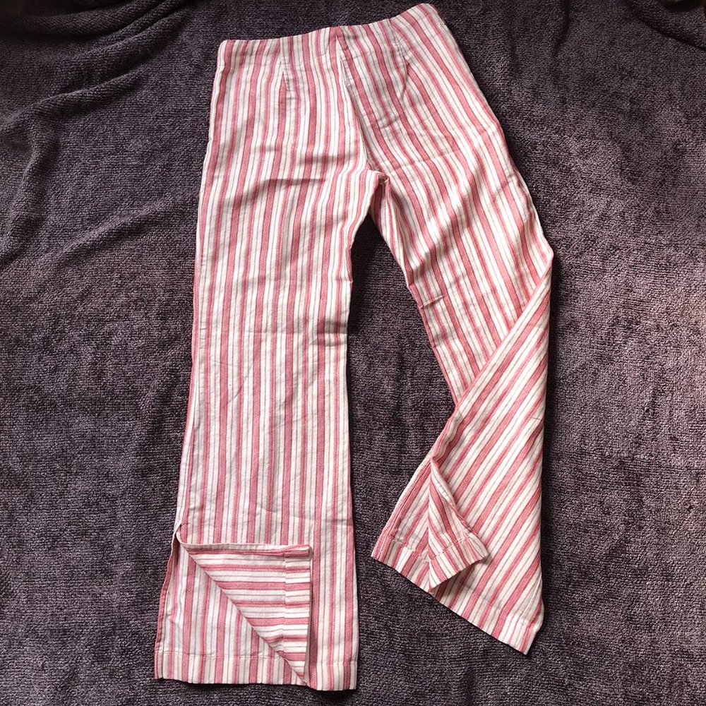 Express, Linen and Cotton, Red and Cream Striped Wide Leg Pant, Size 3/4 - Picture 3 of 11